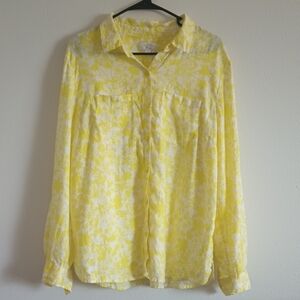 Charter Club Women's 100% Linen Blouse Sz XL Yellow Floral Button Up Luxury Chic